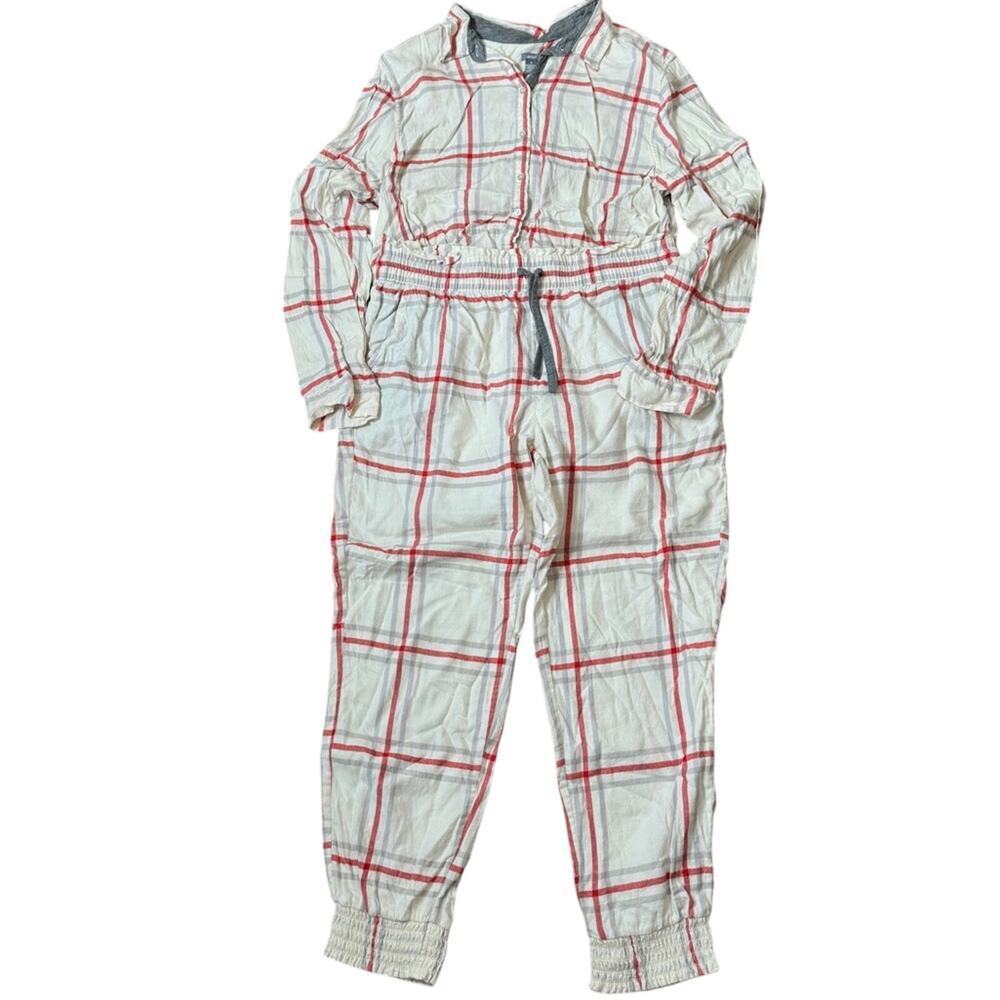 Aerie Cotton Flannel Plaid Pajama Lounge Set Ivory Size M/L